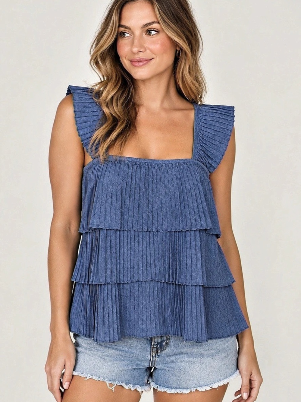 J.Crew Pleated Tiered Ruffle Blouse Top in Blue Size Medium